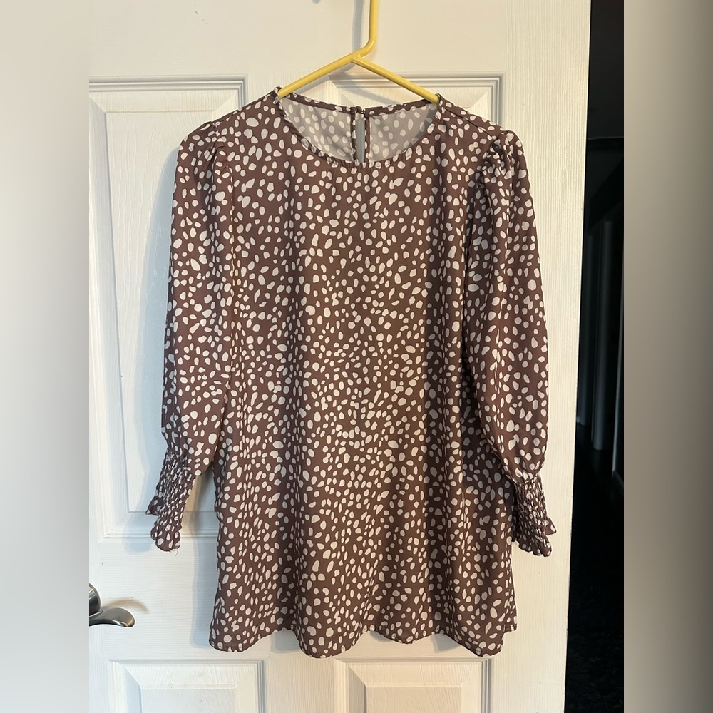 Women's Brown Dot Print Long Sleeve Blouse- L
